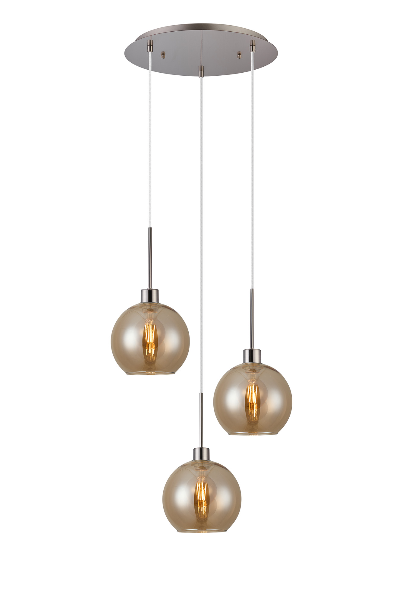 DK1365  Lori 40cm Round Pendant, 3 Light Adjustable E27, Satin Nickel/Amber Open Mouth Round Globe Shades